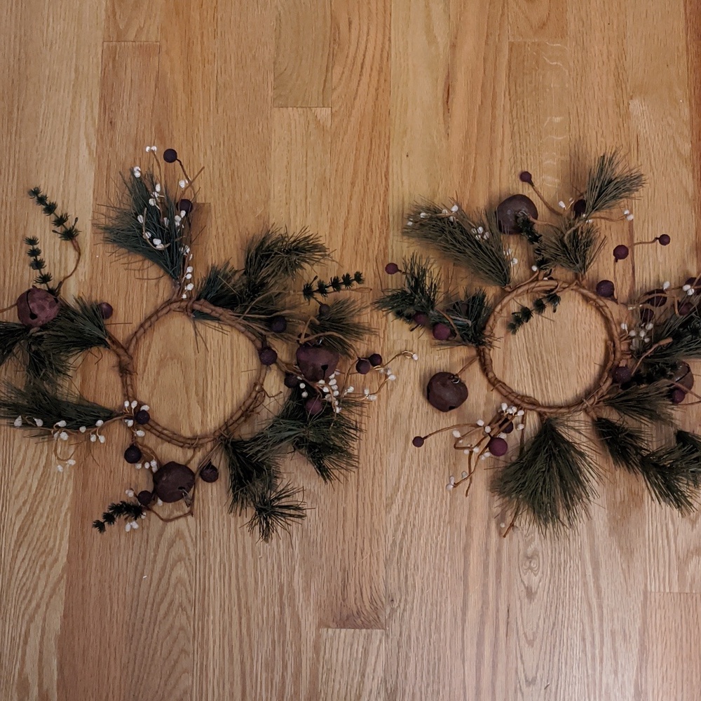 Rustic Candle Rings Evergreen Berries Bells Western Country Farmhouse Christmas